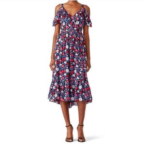 Kate Spade Navy Floral V-Neck Open Shoulder Dress, 100% Silk, Size 10